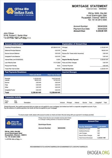 Modèle Word et PDF de relevé hypothécaire de la Banque indienne template Modèle Word et PDF de relevé hypothécaire de la Banque indienne template